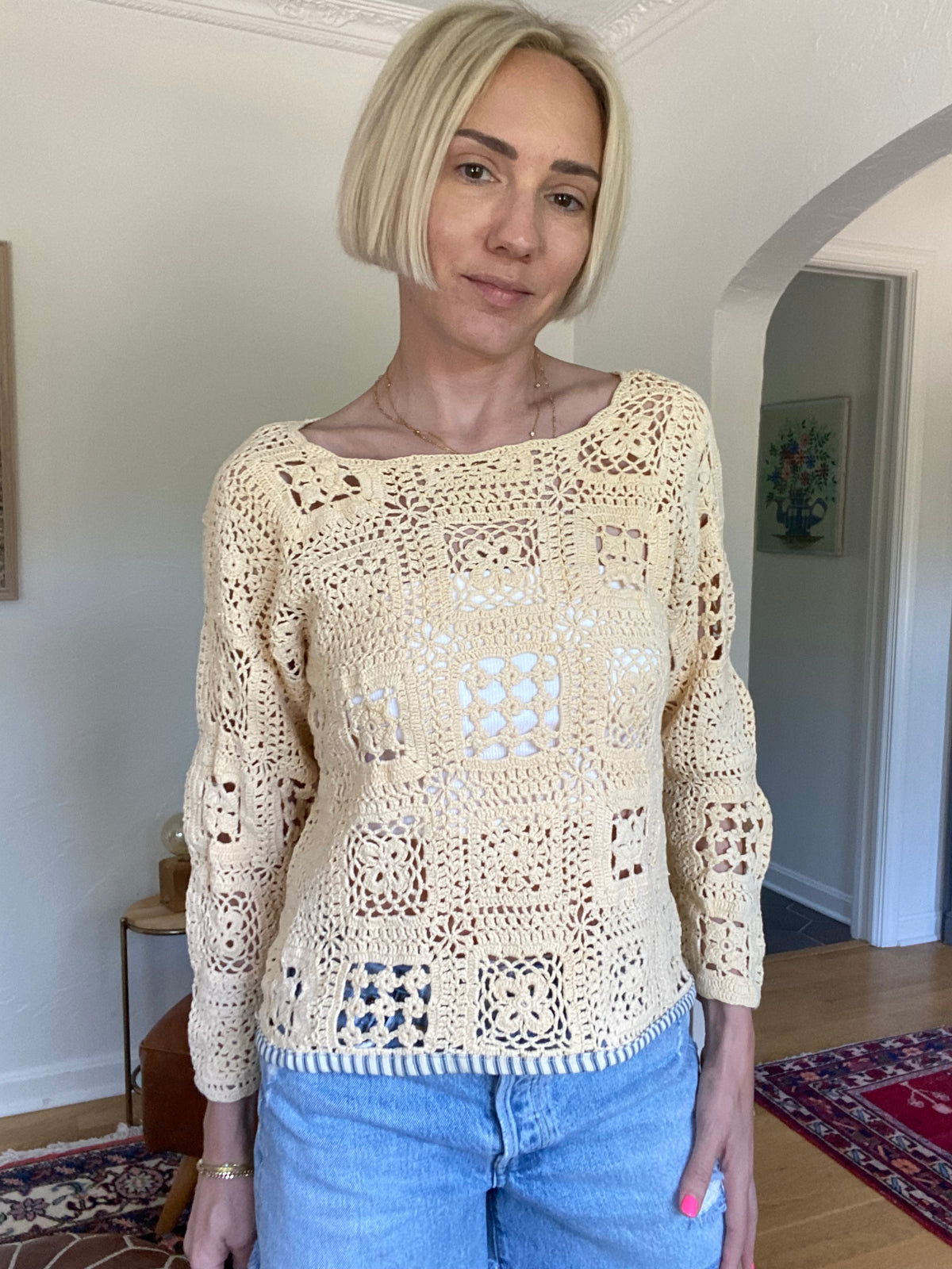 Upcycled Vintage Crochet Stripe Trim Tee