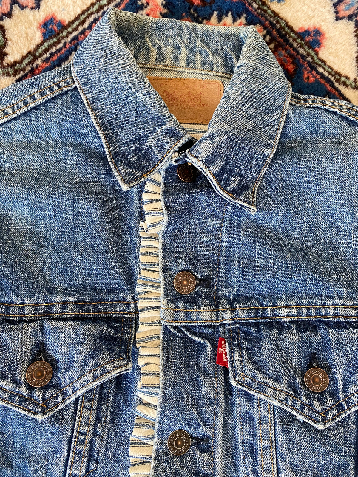 Vintage 80's Levi's Denim Jacket: Ticking Stripe Ruffle