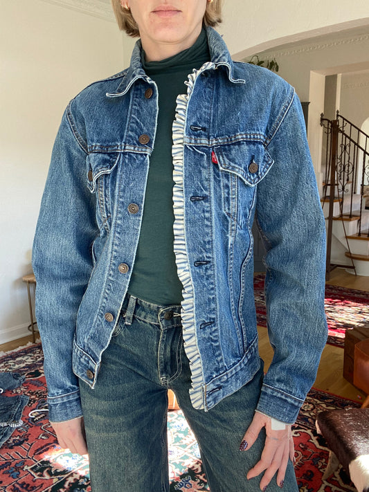 Vintage 80's Levi's Denim Jacket: Ticking Stripe Ruffle