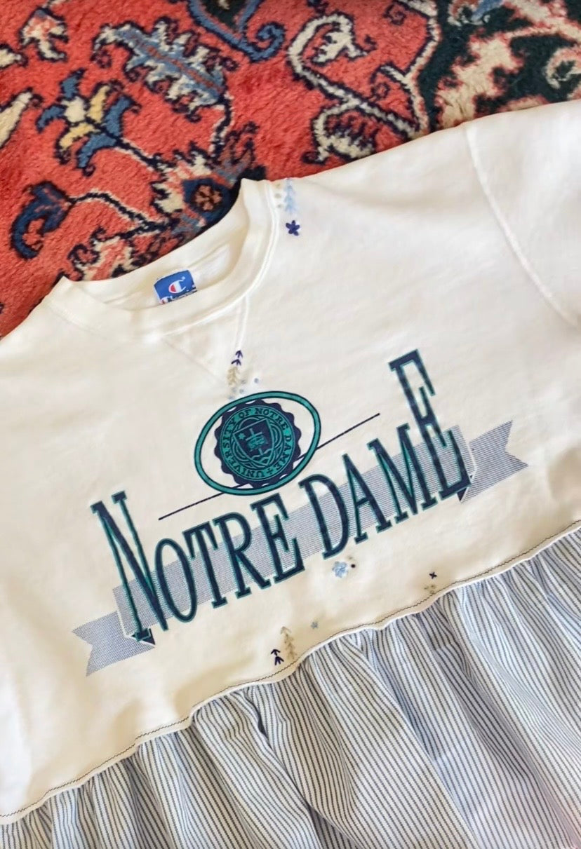 Vintage 90s Champion Notre Dame Sweatshirt - Hand-Embroidered Ruffle Hem