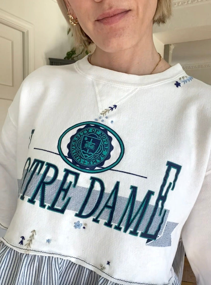 Vintage 90s Champion Notre Dame Sweatshirt - Hand-Embroidered Ruffle Hem