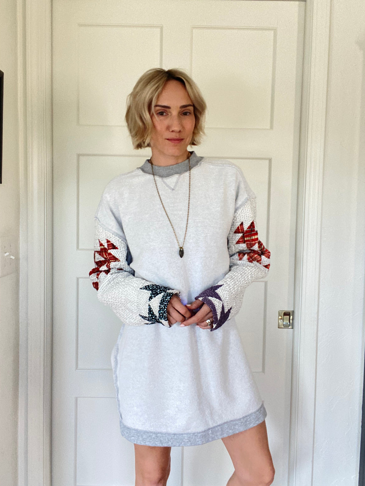 Vintage Quilt Sleeve Sweatshirt Dress - Upcycled One-of-a-Kind