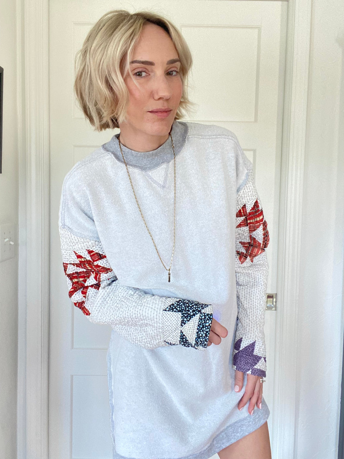 Vintage Quilt Sleeve Sweatshirt Dress - Upcycled One-of-a-Kind