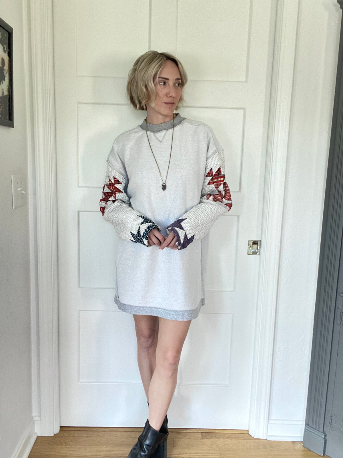 Vintage Quilt Sleeve Sweatshirt Dress - Upcycled One-of-a-Kind