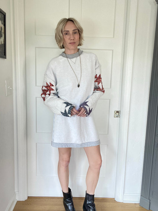 Vintage Quilt Sleeve Sweatshirt Dress - Upcycled One-of-a-Kind