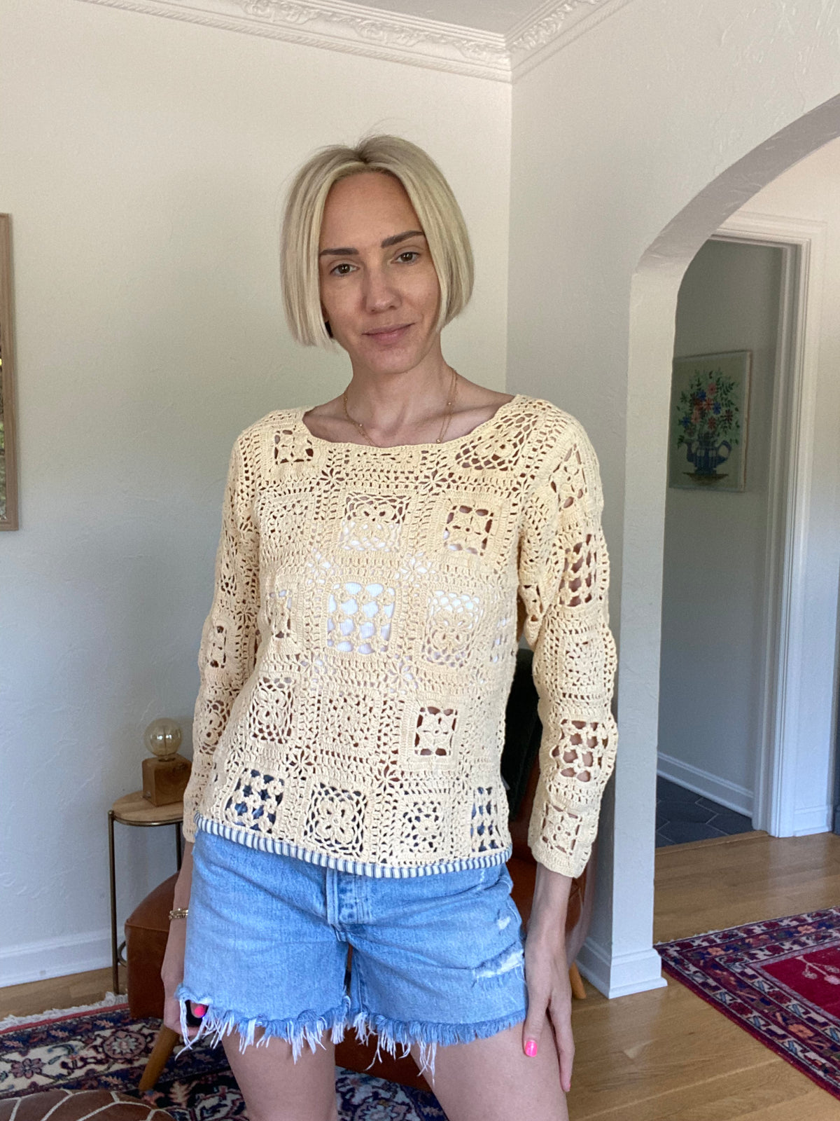 Upcycled Vintage Crochet Stripe Trim Tee
