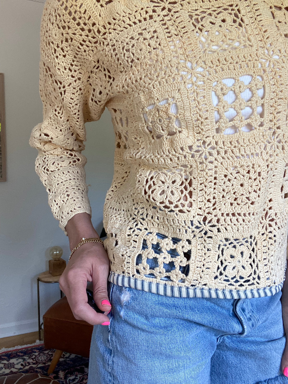 Upcycled Vintage Crochet Stripe Trim Tee