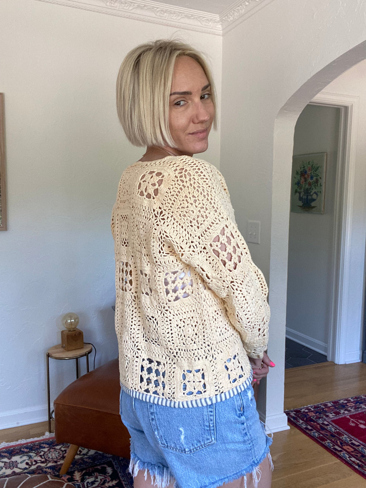 Upcycled Vintage Crochet Stripe Trim Tee