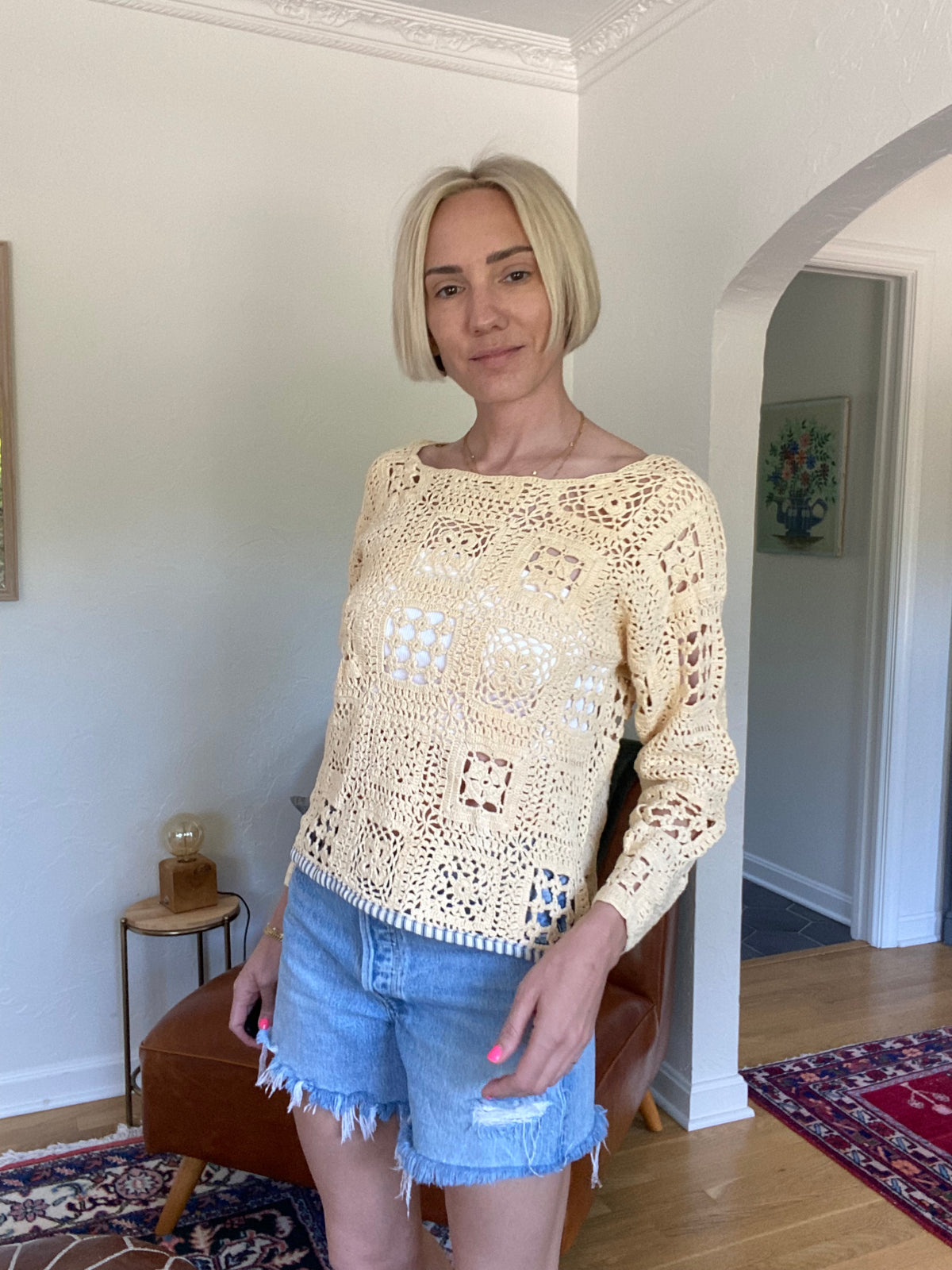 Upcycled Vintage Crochet Stripe Trim Tee