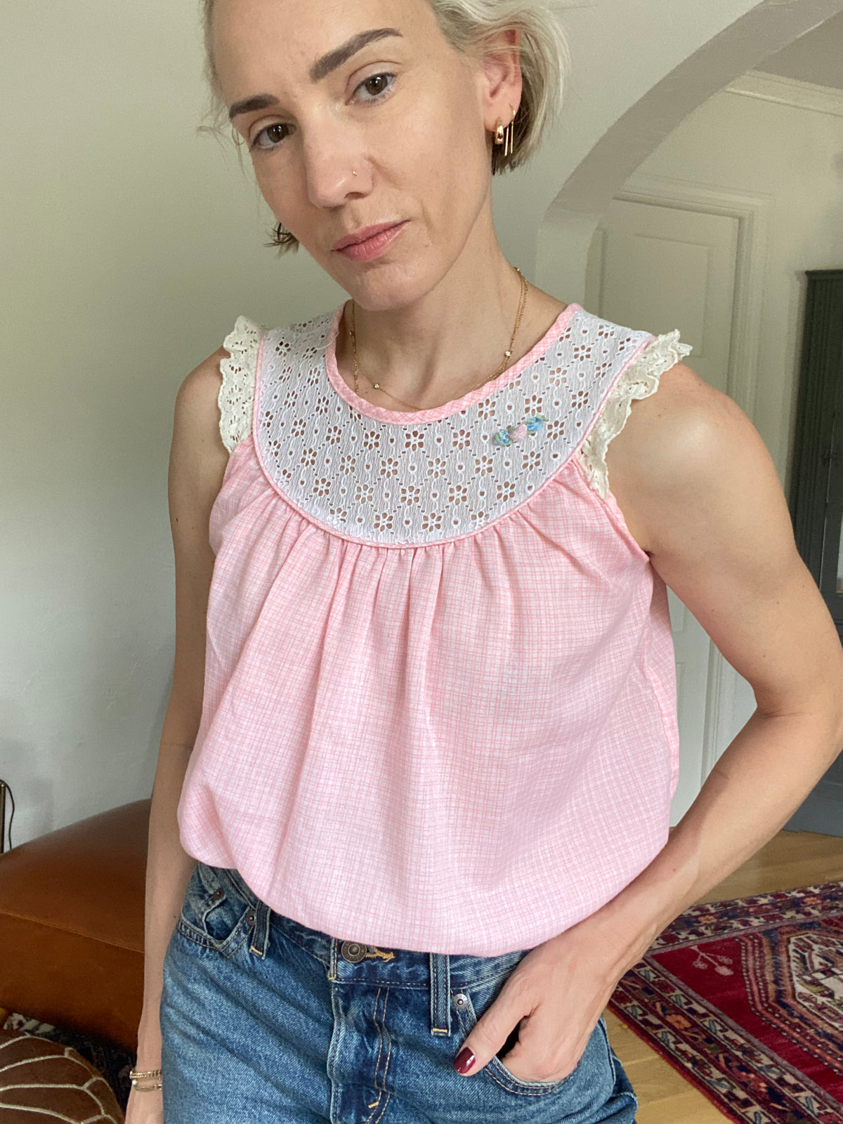 Upcycled Vintage Nightie Bubble Top - Grid Print, Lace Yoke & Floral Appliqué