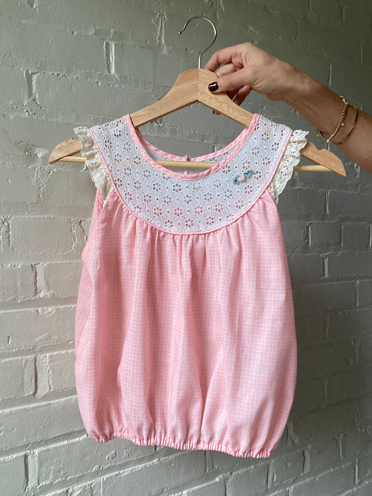 Upcycled Vintage Nightie Bubble Top - Grid Print, Lace Yoke & Floral Appliqué