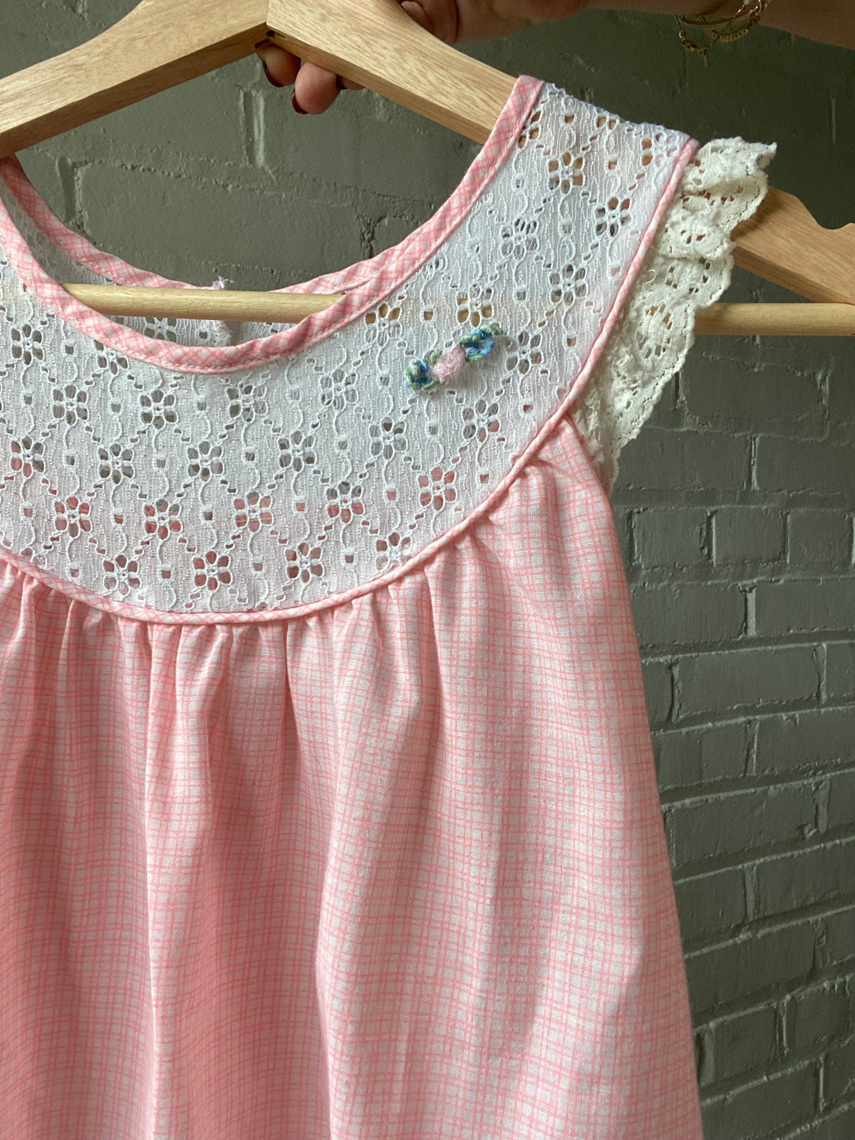 Upcycled Vintage Nightie Bubble Top - Grid Print, Lace Yoke & Floral Appliqué